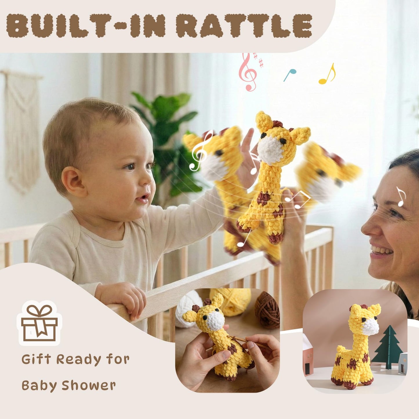 Moyii Handmade Crochet Giraffe Baby Rattle - Soft Cotton Amigurumi Sensory Shaker Toy for Newborns & Infants - Easy Grip Lovey Sleep Toy & Neutral Nursery Decor Shower Gift