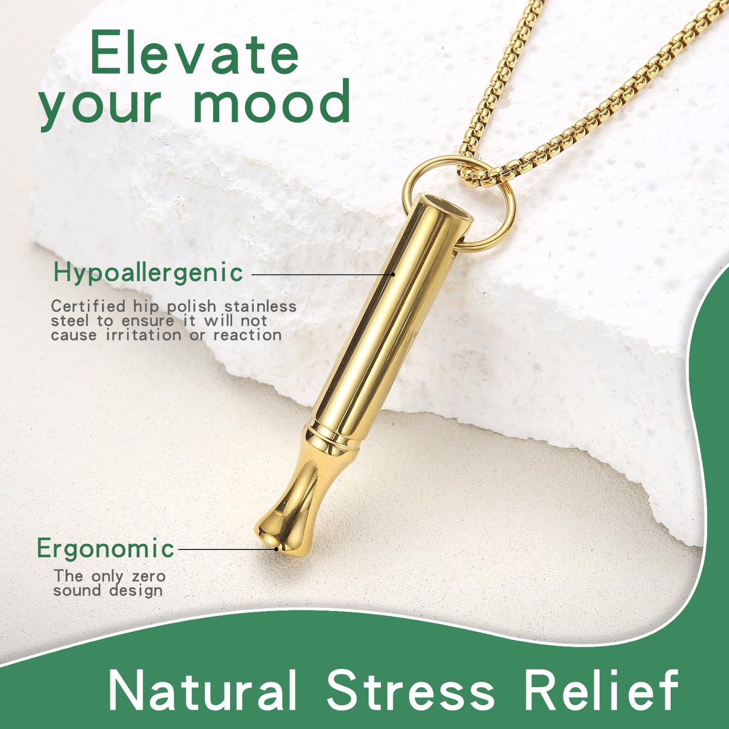 hooppoo Breathing Necklace for Calm & Focus - Personal Essential Oil Diffuser for Anxiety Relief, Quit Smoking, Yoga and Meditation - Reusable Stainless Steel Pendant for Women Men (Gold)