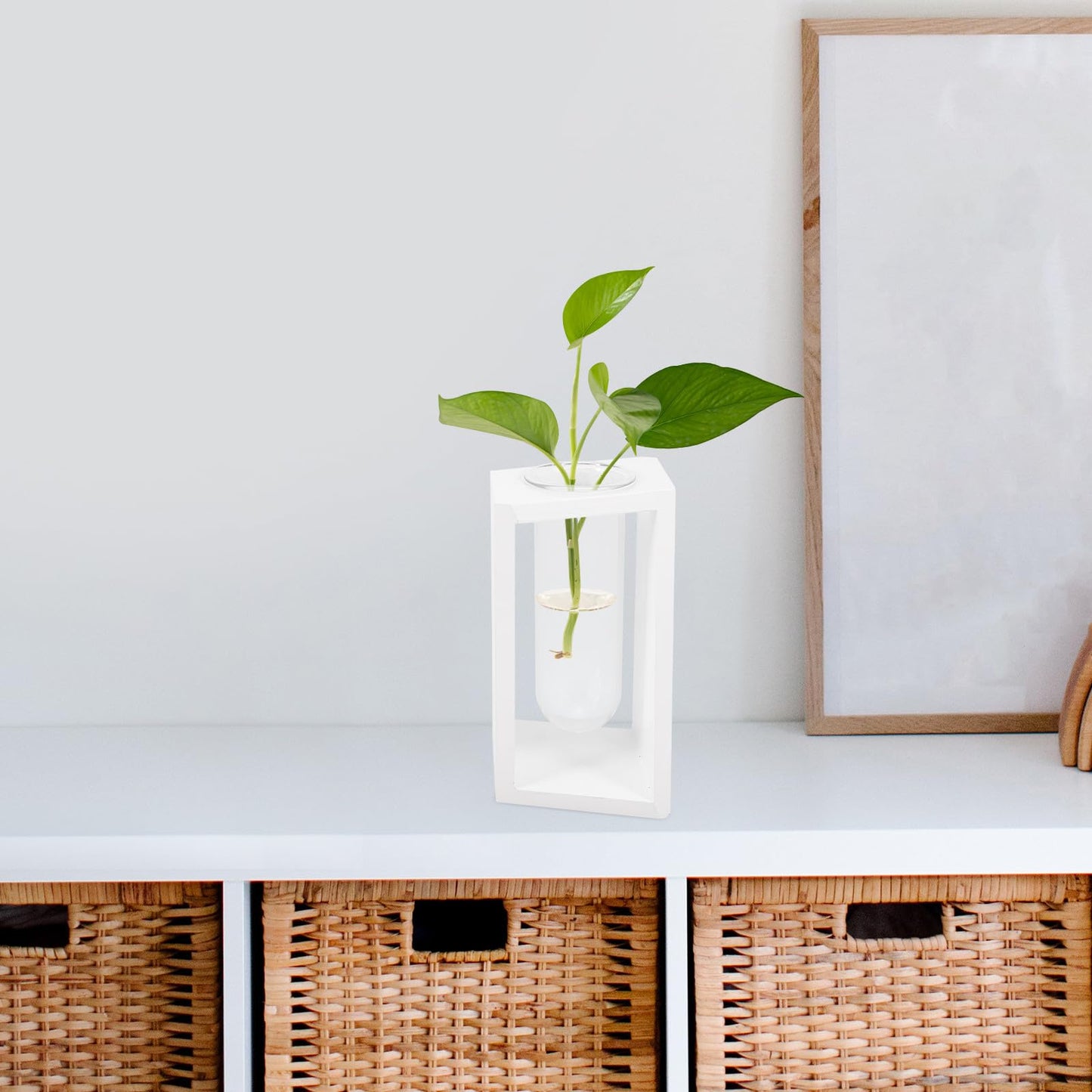 Beaupretty Wooden Frame Glass Vase Test Tubes Hydroponic Plant Propagation Station White Scandinavian Style Home Décor Desktop Terrarium for Indoor Gardening