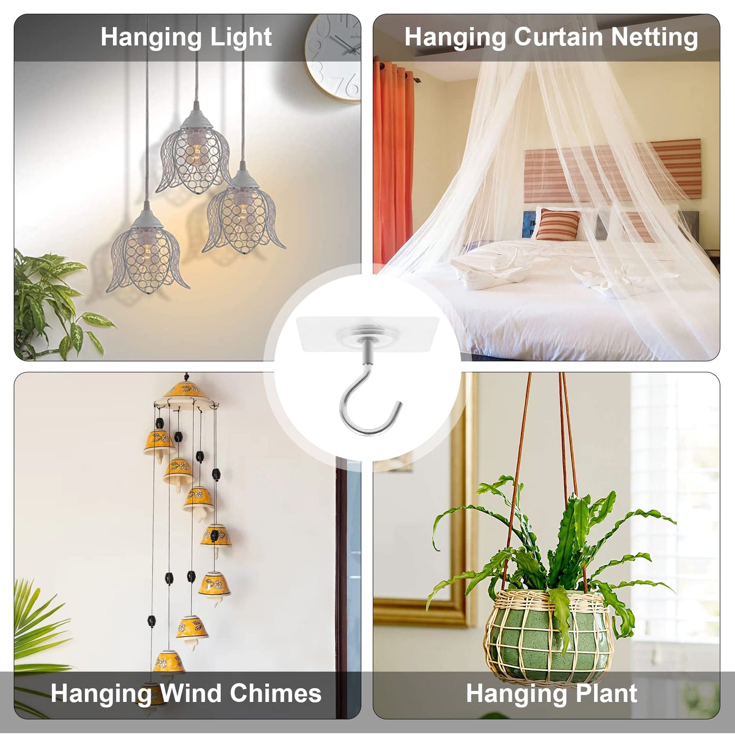Ginmino Adhesive Ceiling Hooks，10 Pack No Drill Ceiling Hanging Hook for Hanging Plants Lanterns,Wind Chimes Stainless Steel Outdoor Adhesive Hooks