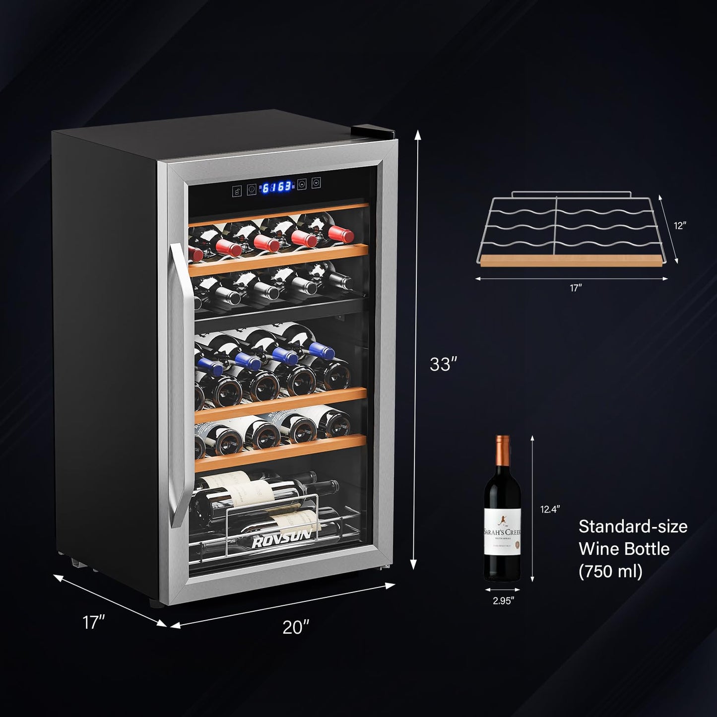 Bonnlo 33 Bottle Dual Zone Wine Cooler Refrigerator, 41°F-64°F Freestanding Compressor Wine Chiller, Beverage Wine Fridge with Digital Temp Control & Glass Door for Red White Wine, Champagne, Beer