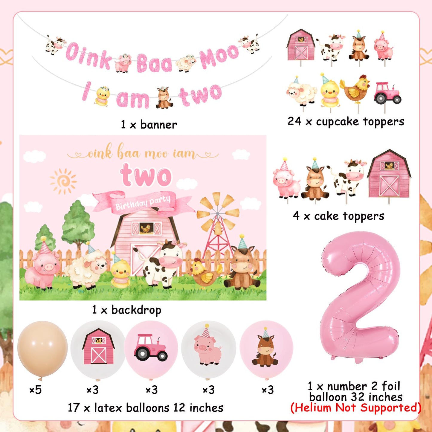 Farm 2nd Birthday Decorations for Girl - Oink Baa Moo Im Two Backdrop, Banner, Farm Animal Cake Topper, Cupcake Toppers, Balloons, Pink Farm Moo Moo I Am Two Barnyard Birthday Party Supplies