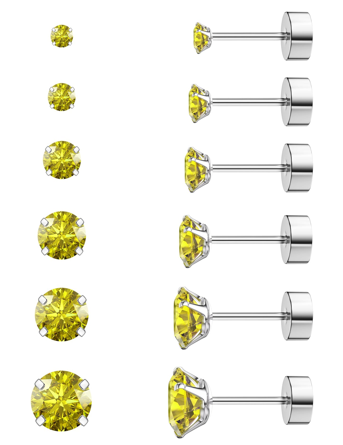 6 Pairs Hypoallergenic Cubic Zirconia Earrings Surgical Steel Flat Back Studs for Cartilage, Screw Back Fashion Jewelry