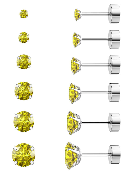 6 Pairs Hypoallergenic Cubic Zirconia Earrings Surgical Steel Flat Back Studs for Cartilage, Screw Back Fashion Jewelry