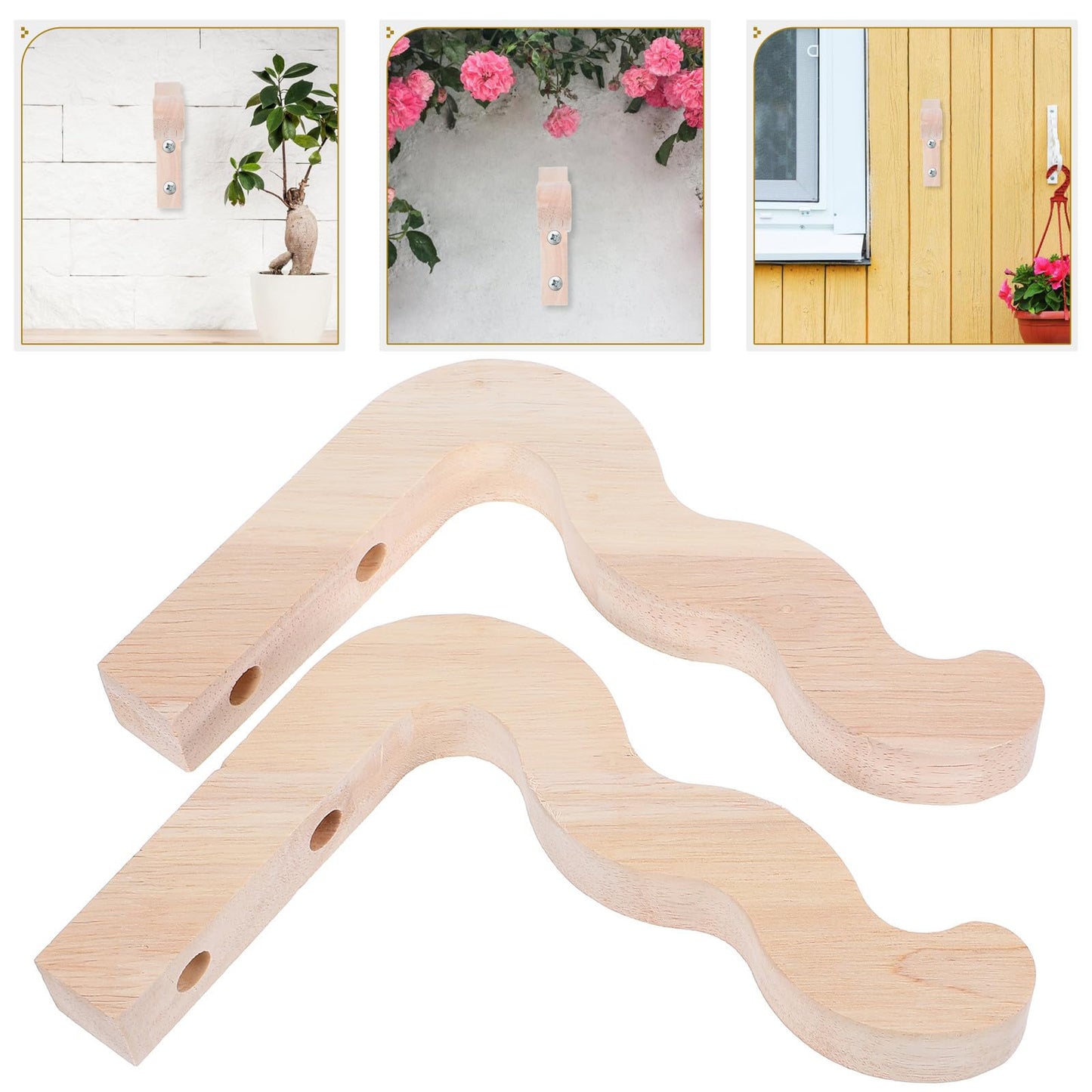 IWOWHERO 2pcs Wall-Mounted Wood Plant Hooks for Indoor Outdoor Hanging Flower Pots Lanterns Wind Chimes, Natural Wood Flower Hangers for Garden Patio Home Decor