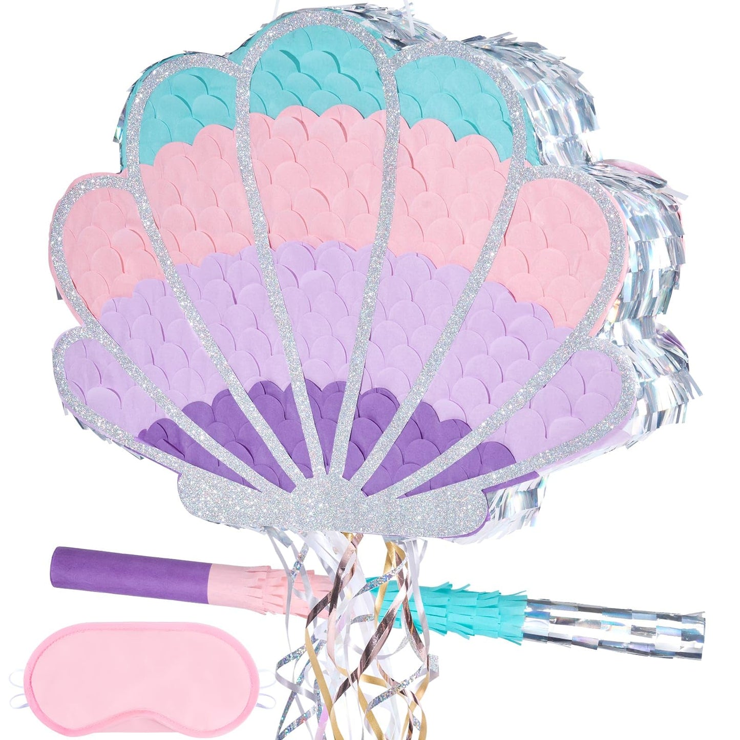 Wernnsai Mermaid Seashell Piñata - Pink Shellfish Piñatas for Kids Girls Birthday Mermaid Princess Party Decorations Under The Sea Ocean Theme Party Games With Bat Blindfold 16“ x 12.5" x 3"