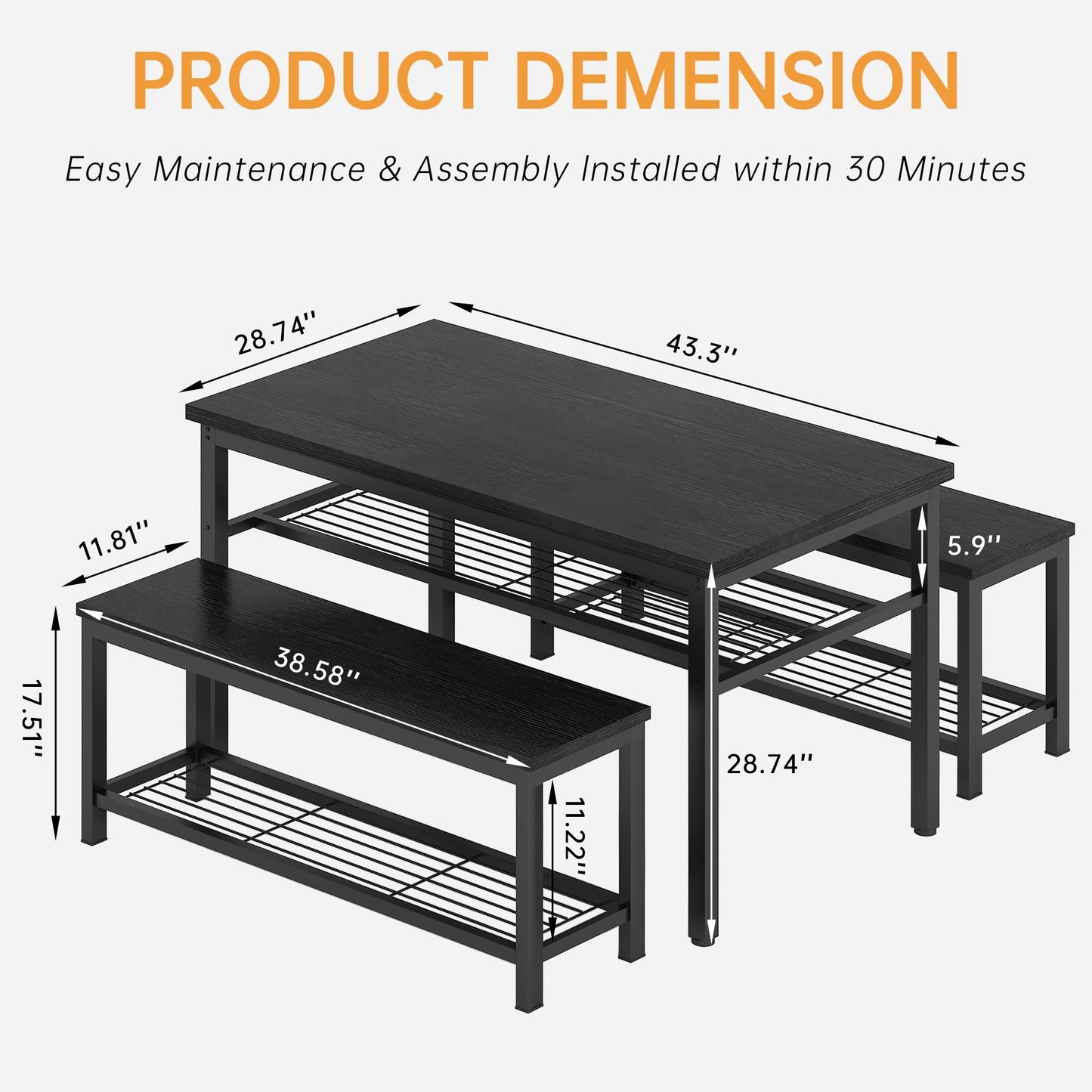Lamerge 3-Piece Dining Table Set, Industrial Kitchen Table and Chairs Set for 4, Dining Table and 2 Benches with Storage Shelf, Dining Table Set for Dining Room Kitchen, Black