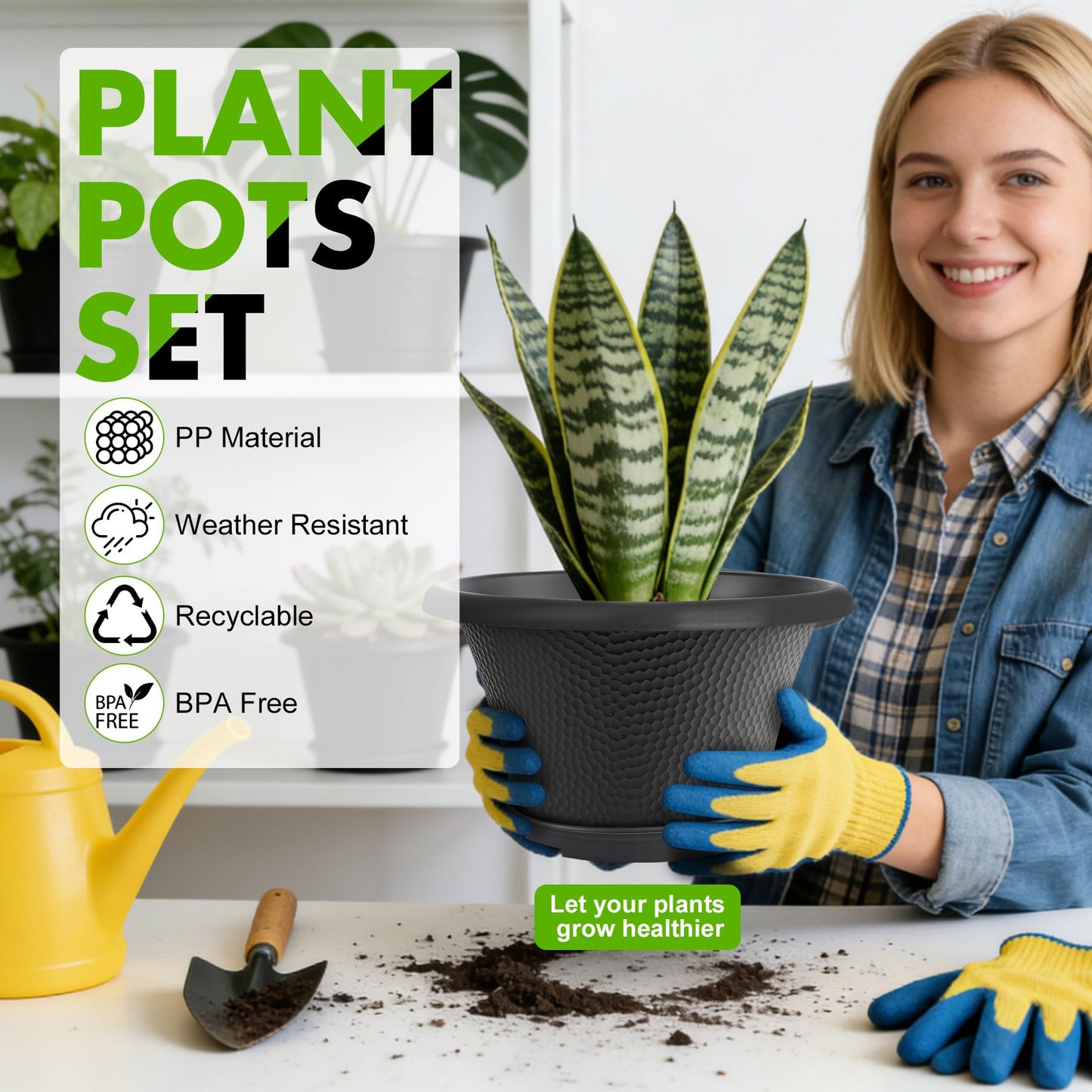 Quarut 12 Inch Pots for Plants,4 Pack Large Flower Pots with Drainage Hole & Saucer,Modern Planters for Indoor Outdoor Plants,Decorative Resin Garden Pots Black