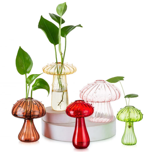 Mushroom Jars for Plants, Hewory 5pcs Colored Glass Mushroom Bud Vase for Flowers, Unique Plant Propagation Stations Propagating Vases Decor, Mini Cute Hydroponic Terrarium Planter for Indoor Planters