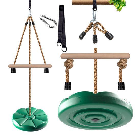 KINSPORY Disc Swing for Kids, Swing Set Accessories, 7FT Height Adjustable Gym Monkey Bars, Hanging Tree Seat for Backyard, Outdoor Play Equipment - Green