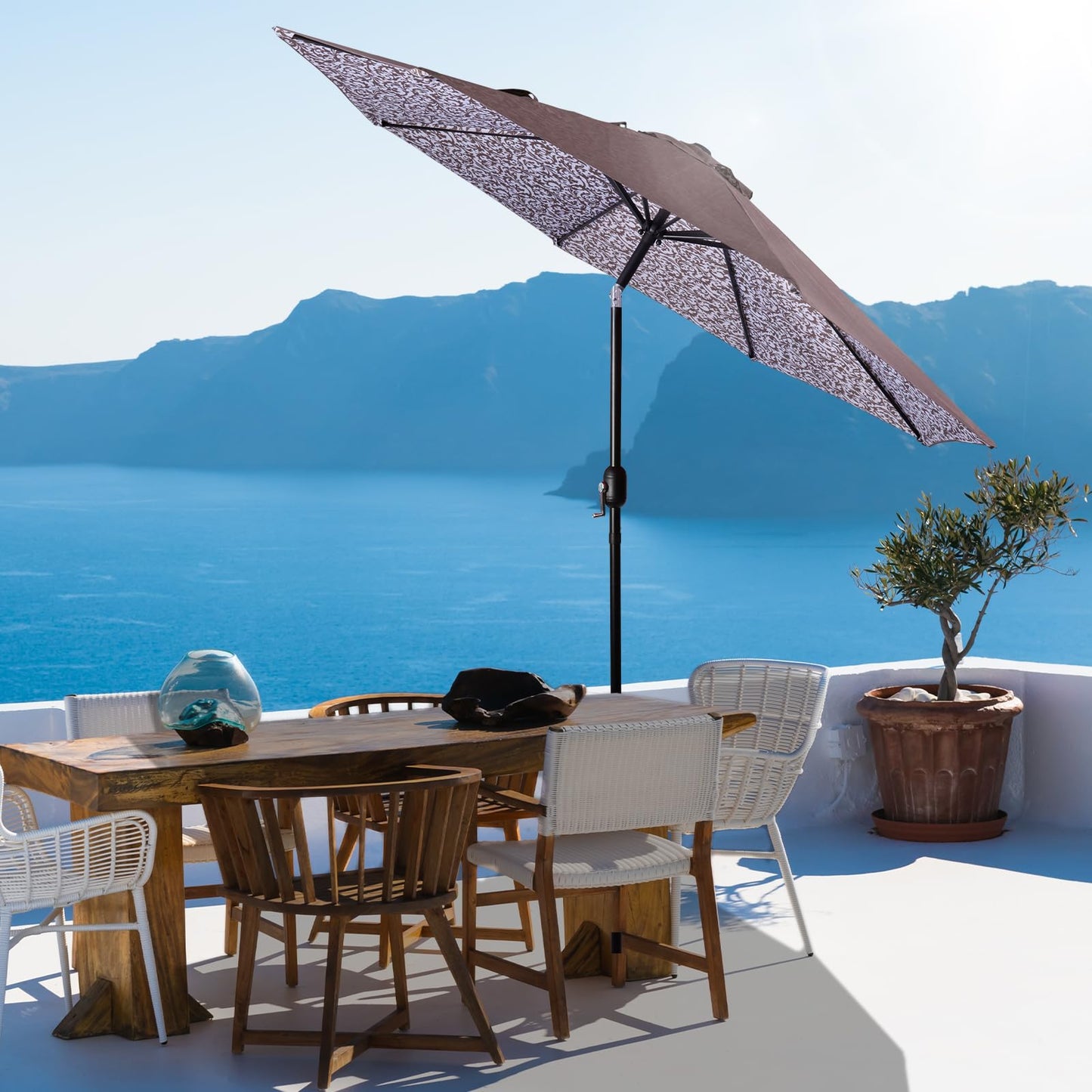 Backyard Expressions 9 Ft Patio Umbrella with Push Button Tilt and Crank System - UV Resistant Polyester Fabric, Market Umbrella with 8 Sturdy Ribs - Tan Double Sided