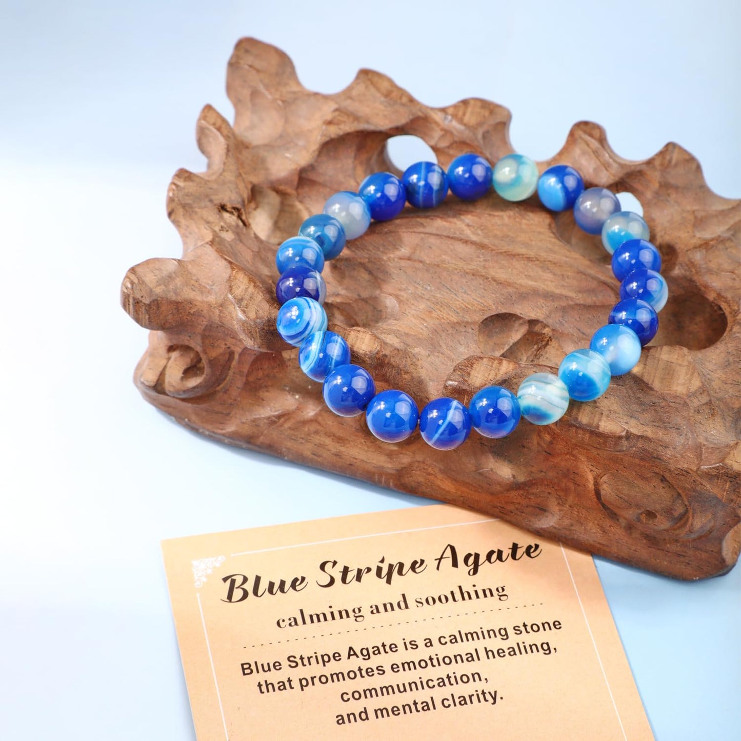 AD Beads 4mm Handmade Blue Stripe Agate Elastic Bracelet – Natural Gemstone for Calming and Soothing – Meditation, Yoga, Healing and Energy Gift for Men Women