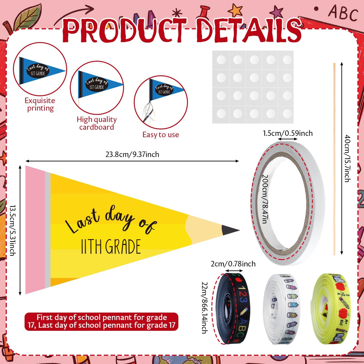 Poola Voidra 64 Pcs First & Last Day of School Flag Kit with Ribbon Stick Back to School Pennant Decor First Day of Preschool Flag Reusable 17 Grades Photo Prop for Preschool to College Classroom