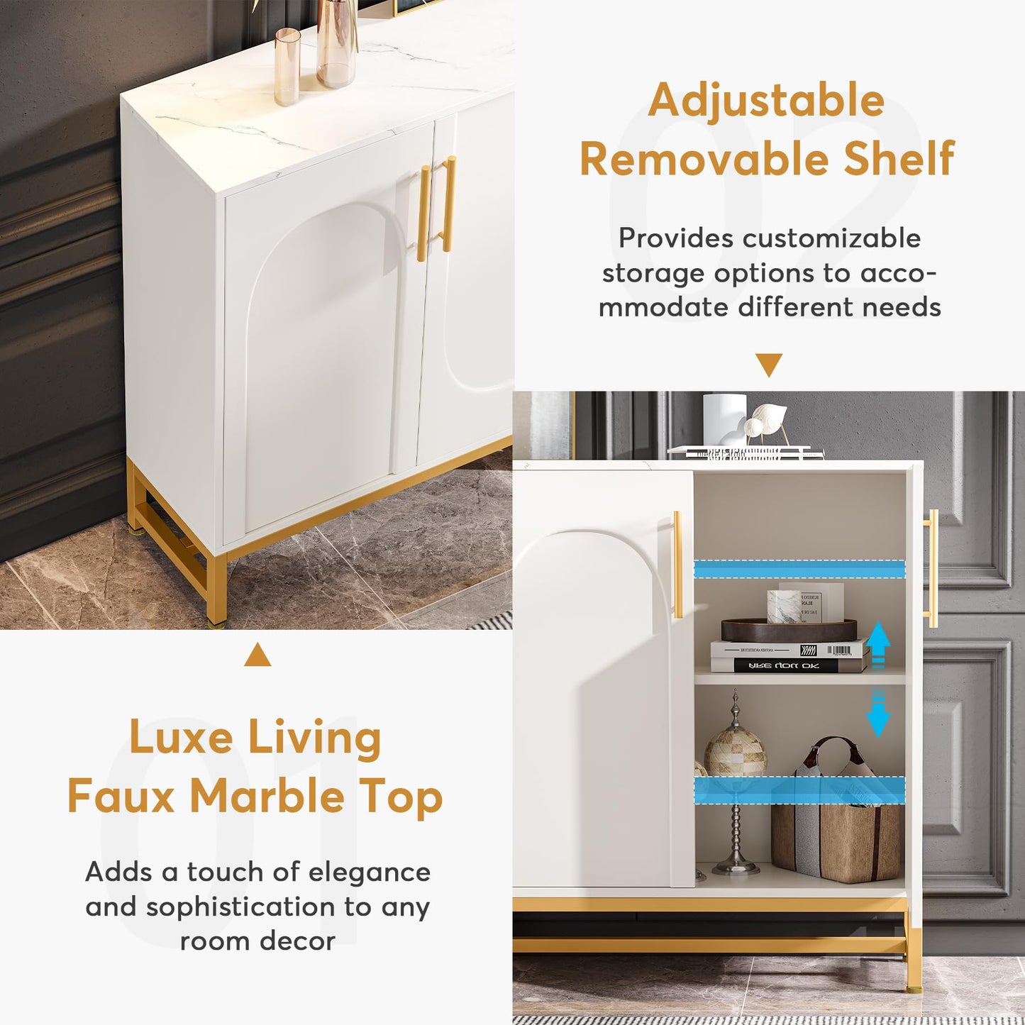 LITTLE TREE Modern Sideboard Buffet with Adjustable Shelf, 4 Doors Storage Cabinet with Faux Marble Top Metal Frame for Living Room Kitchen Dining Room Hallway, White Gold