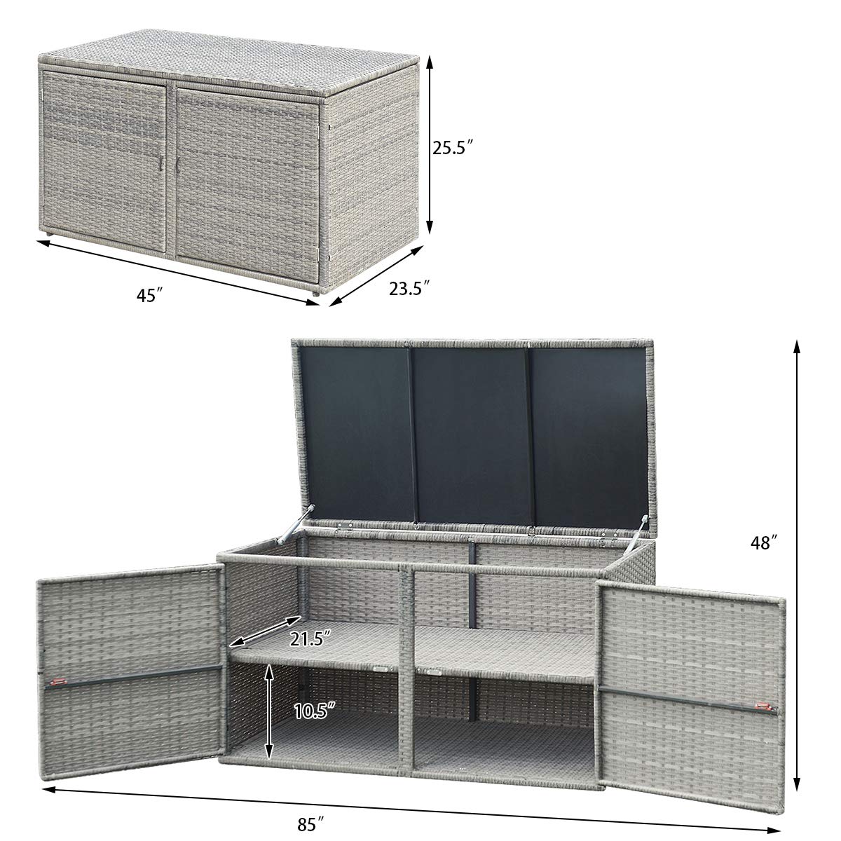 RELAX4LIFE PE Wicker Storage Box - Outdoor 88 Gallon 2-Tier Deck Box for Patio Furniture Toys Storage w/Lid & Front Doors, All Weather Rattan Storage Bin for Backyard Garden Poolside Porch (Grey)