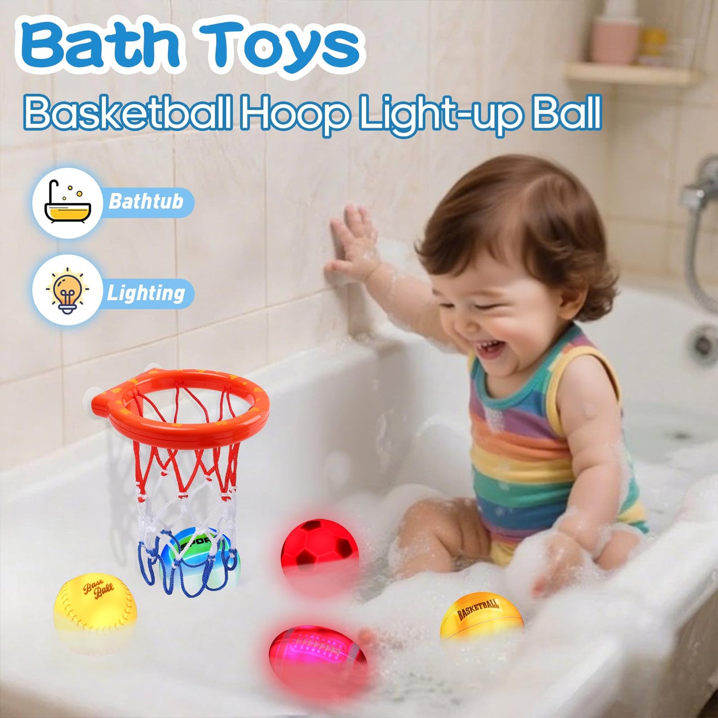 Light Up Bath Toys, Bathtub Basketball Hoop for Kids 1-3, Toddler Water-Activated Light Up Toys 6-12-18 Months, Sensory Toys for Tub Pool Swimming Shower, Baby Bathtub Gift for Boy Girl Birthday