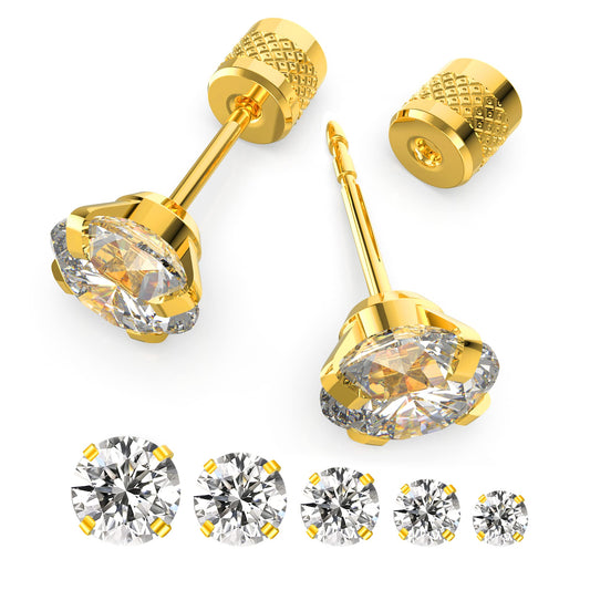 5 pairs Push-in Flat Back Stud Earrings Hypoallergenic Surgical Stainless Steel Cubic Zirconia Earrings Studs Set Multi-Pack, CZ Stud Earrings for Women Men Trendy Cartilage Earrings 4-8mm(Gold)