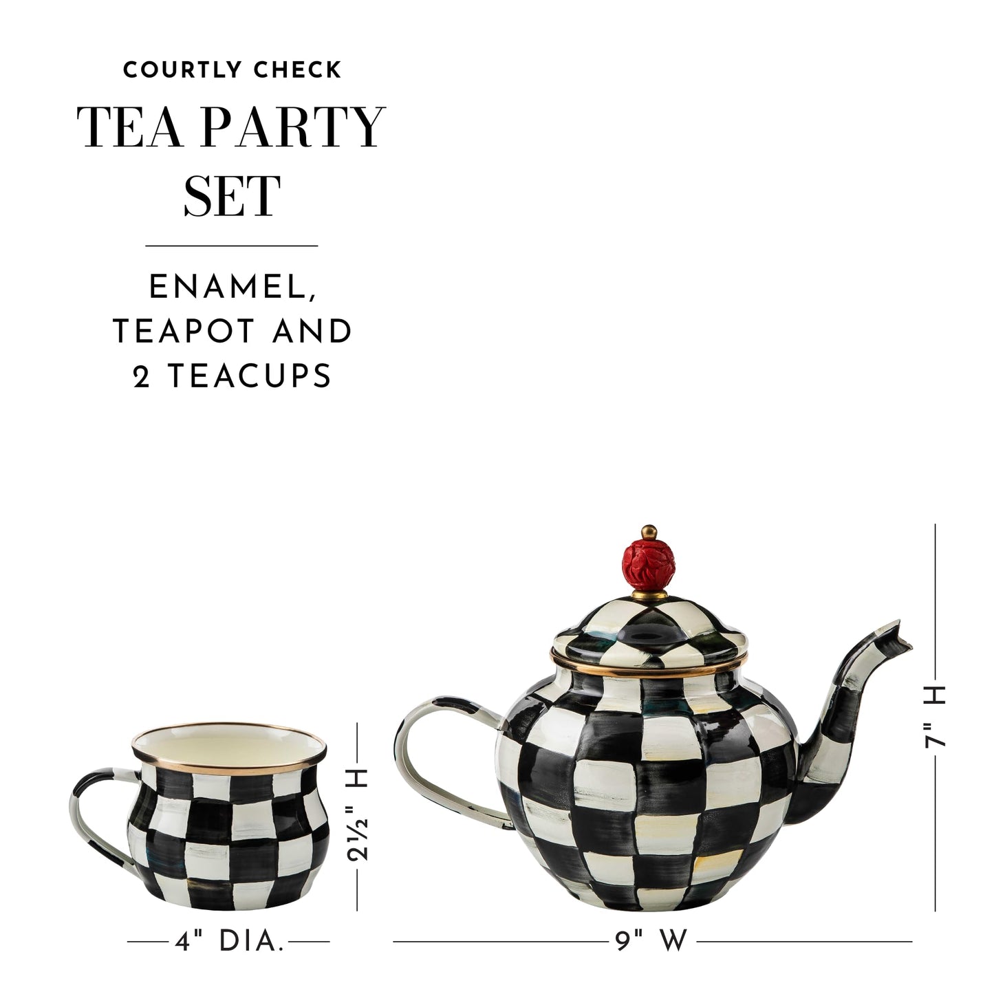 MACKENZIE-CHILDS Enamel Tea Party Set, Unique Teapot and Teacups, Tea Accessories Set, Black-and-White Courtly Check