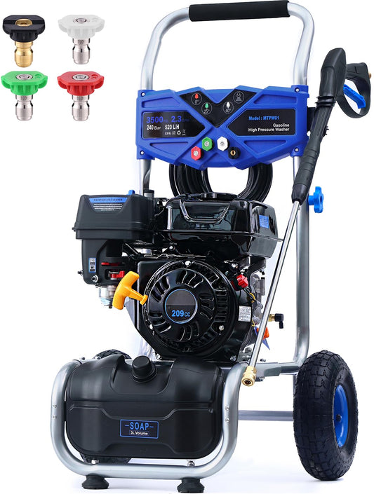 MUTAOMAY 3500 PSI Gas Pressure Washer, 2.3 GPM Power Washer with 209CC Engine, Maintenance-Free Axial Cam Pump, 25FT Hose, 4 Nozzles for Driveways, Walls, Vehicles, Patio (Blue)
