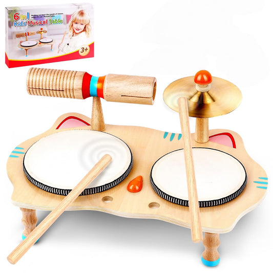 WINGYZ Kids Drum Set – 6-in-1 Wooden Musical Instruments for Toddlers 1–3, Montessori Baby Music Set with Drums, Cymbal & Tone Block, FSC-Certified Cat Design Table for Home & Classroom Learning Gift