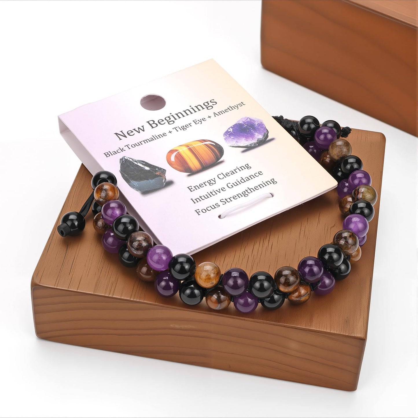 Raicegs New Beginnings Bracelet Natural Stones Black Tourmaline Tiger Eye Amethyst Beaded Bracelet for Men Women Healing Crystal Bracelet