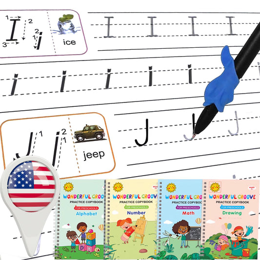 4 Magic Grooved Writing Practice for Kids - English Pre K Tracing Practice Book, Reusable Preschool Handwriting Workbooks Without Tears, 4-Theme Copybooks with Pen Refill for Age 3-10 (English, Small)