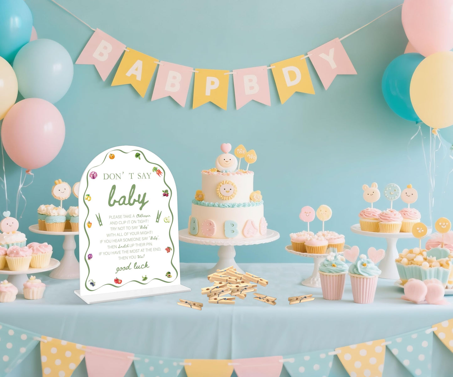 Baby Shower Games - Locally Grown Don't Say Baby Clothespin Game, 1 Sign and 50 Mini Clothespins, Gender Reveal Game, Farmers Market Baby Shower Decoration Supplies (ARI07)