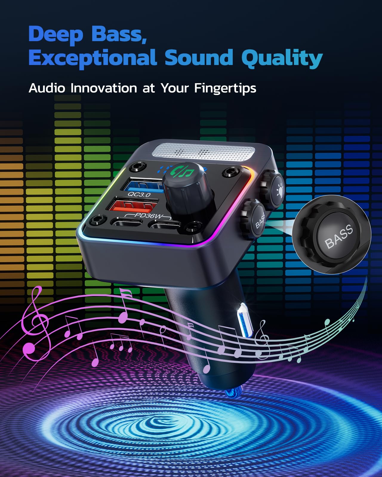 Nulaxy 54W Bluetooth 5.3 Car Adapter Charger 4-Port Fast Charging [PD36W & QC3.0 18W], Wireless Radio FM Transmitter with Deep Bass Player, 5 Colors LED Backlit, Hands-Free Calling, Support USB Drive