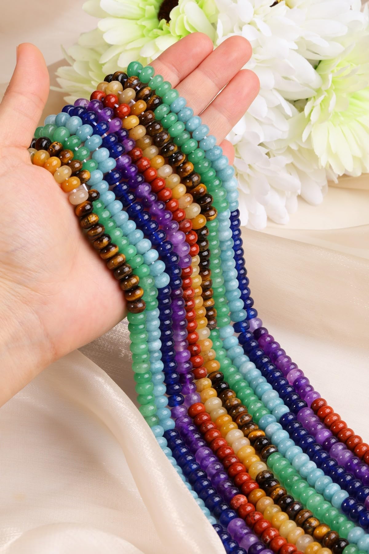 Jovivi 5x8mm 7 Chakra Natural Rondelle Stone Beads,Polished Semi Precious Gemstone Abacus Bead,Genuine Real Healing Crystals Bead for Bracelet Necklace Jewelry Making