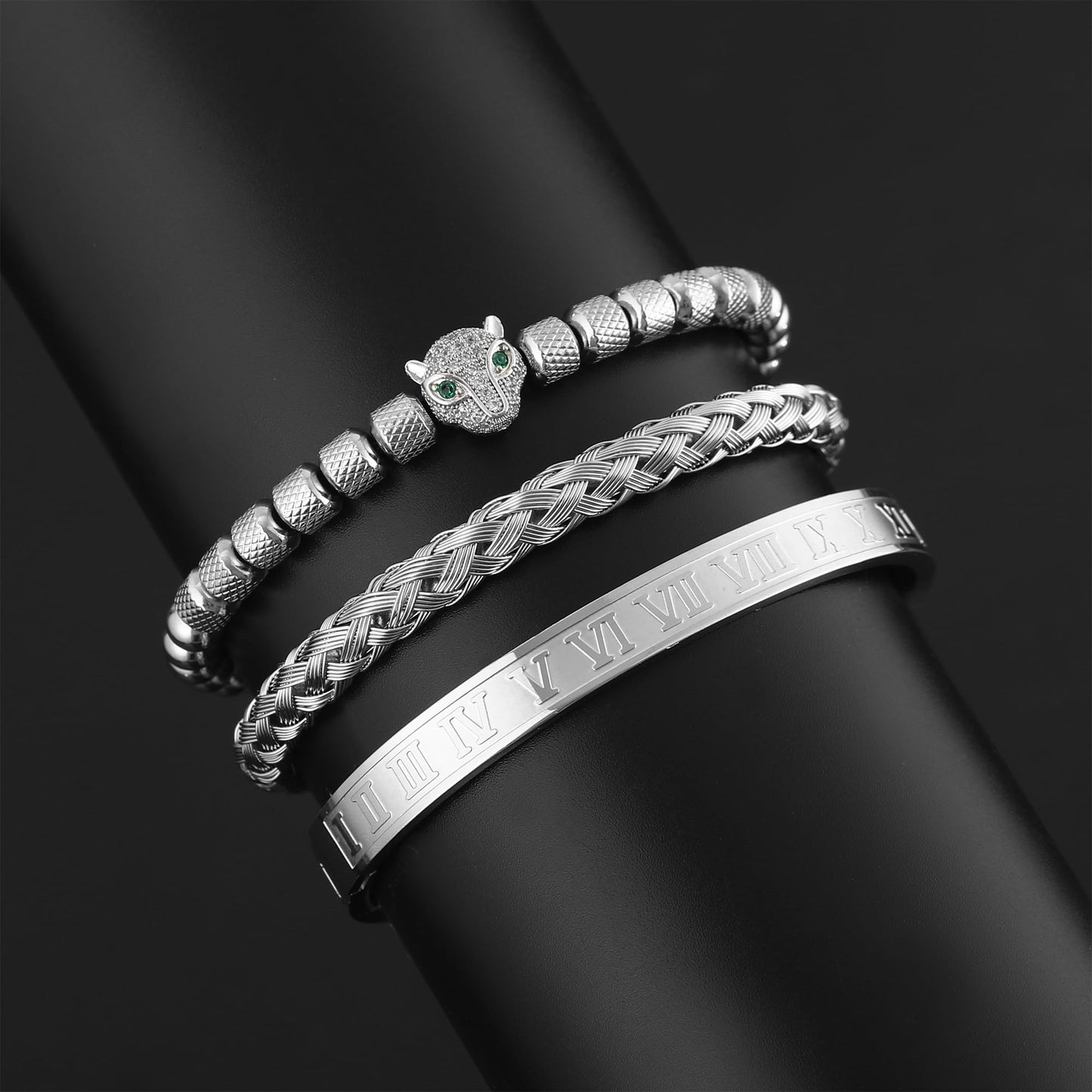 WFYOU 3PCS Stainless Steel Bracelets for Men Gold Roman Numeral Bangle Bracelet Twisted Cable Bracelet Adjustable Cuff Bracelet Mens Luxury Jewelry Bracelets Gifts(O:Silver-CZ Leopard Head)