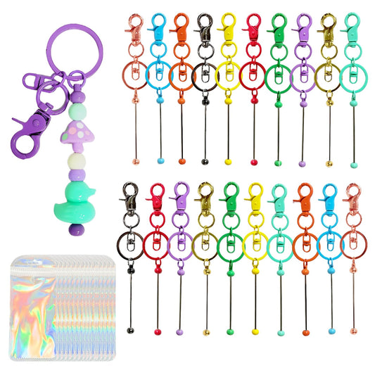 40 Pcs Beadable Keychain Bars Making Kit, 20 pcs Beaded Keychains Bulk + 20 pcs Holographic Packaging Bags,Colorful Bead Keychain Supplies kit for DIY Beads Purse Keychains Pendant Gifts Craft