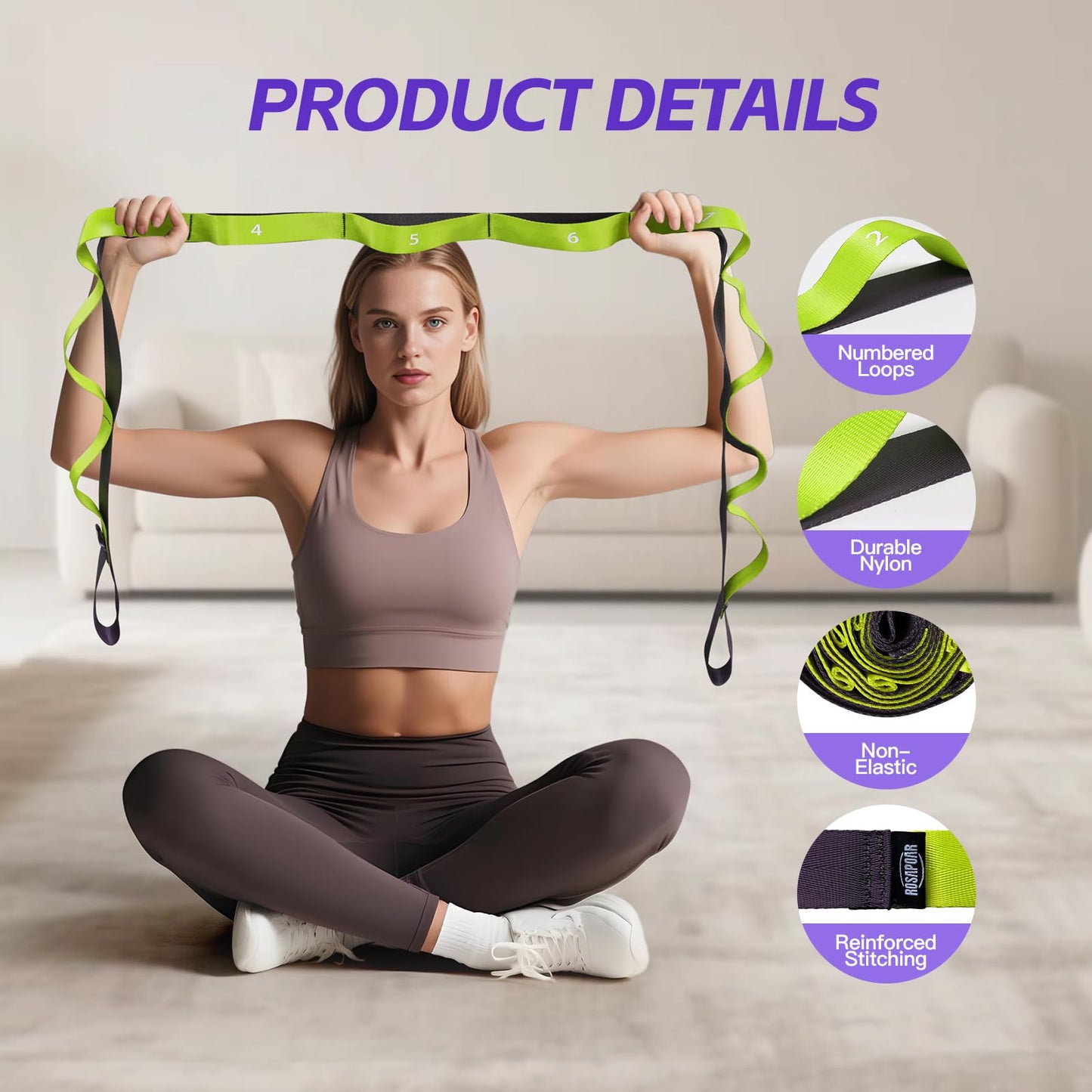 Non Elastic Stretching Strap with Loops - Yoga Straps for Physical Therapy, Durable Stretch Bands for Exercise, Flexibility Training, Hamstring & Leg Stretcher, Yoga/Pilates/Gymnastics - Green