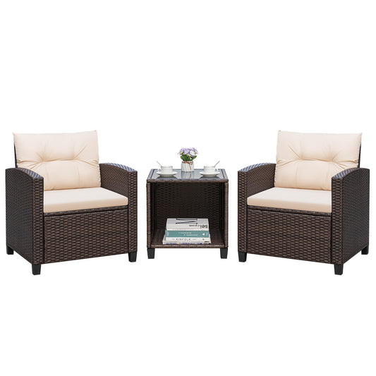 Greesum 3 Pieces Patio Furniture Sets Outdoor PE Rattan Wicker Chairs with Soft Cushion and Glass Coffee Table for Garden Backyard Porch Poolside, Beige