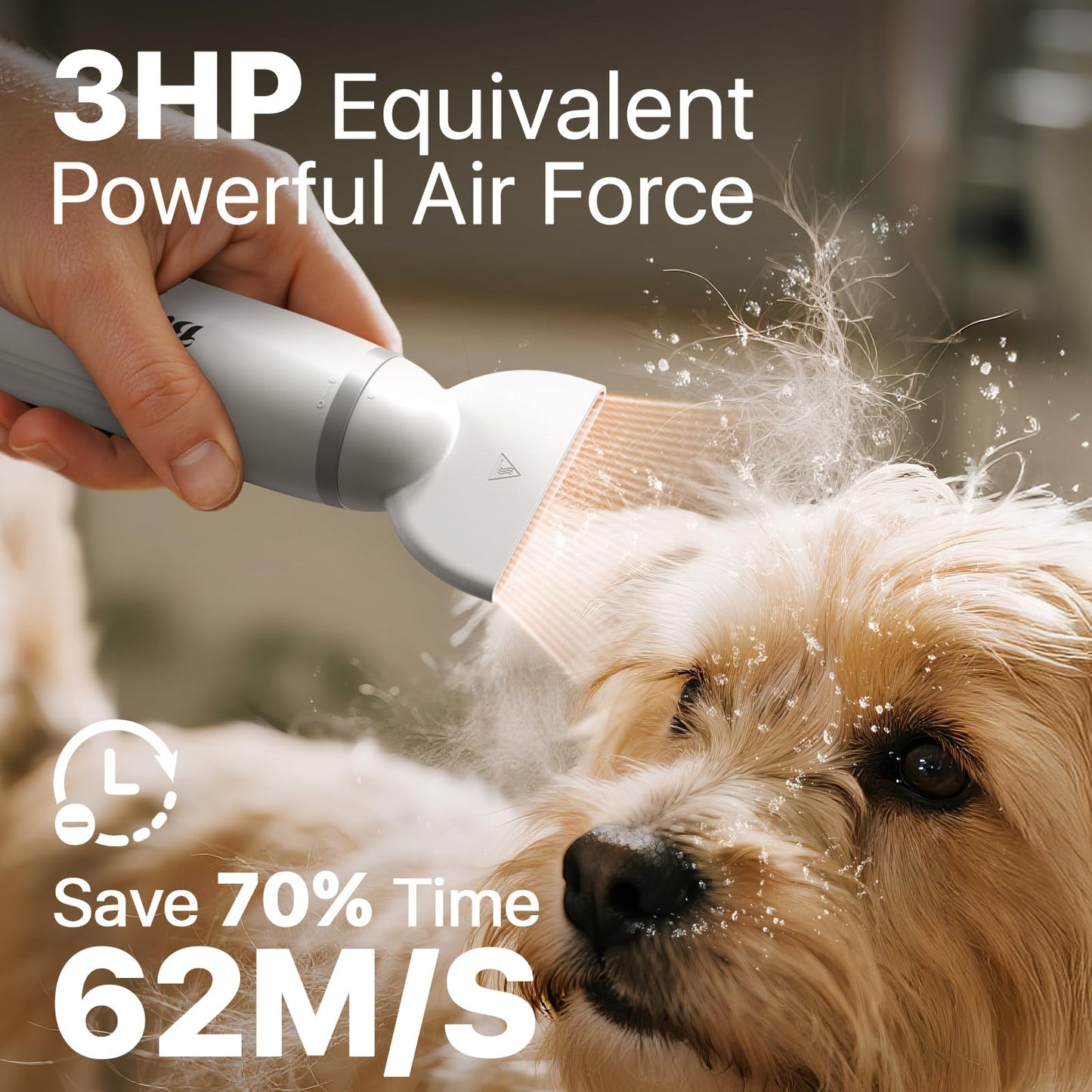 Dog Dryer Handheld Pet Hair Dryer, 3HP High-Velocity Blower with 3 Speeds & 4 Temps Lightweight, Quiet Design. Portable Blow for Travel & Home Grooming. Includes 3 Nozzles (White)