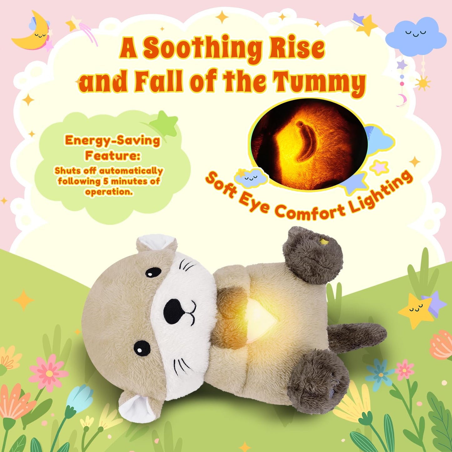 BRICHOEE Breathing Stuffed Animal, Soothing Otter Stuffed Animal with Breathing Motion, Calming Sound and Light for Baby Sleep Companion Portable Plush Toy Gifts for Kids Adults Newborns