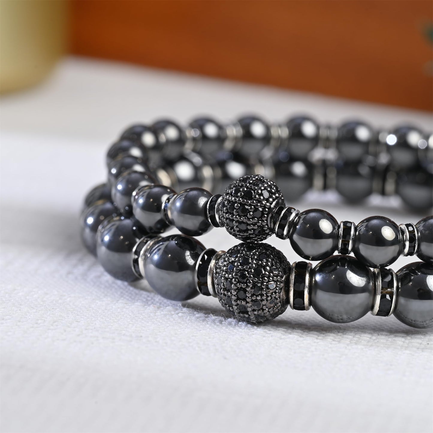 Apocalyptic-K Women's Magnetic Bracelet，Hematite Bracelets，Magnetic Bracelets With Zirconia,Handmade Stretch Bracelet，Eliminates static electricity. (8MM Black &10MM Zirconia)