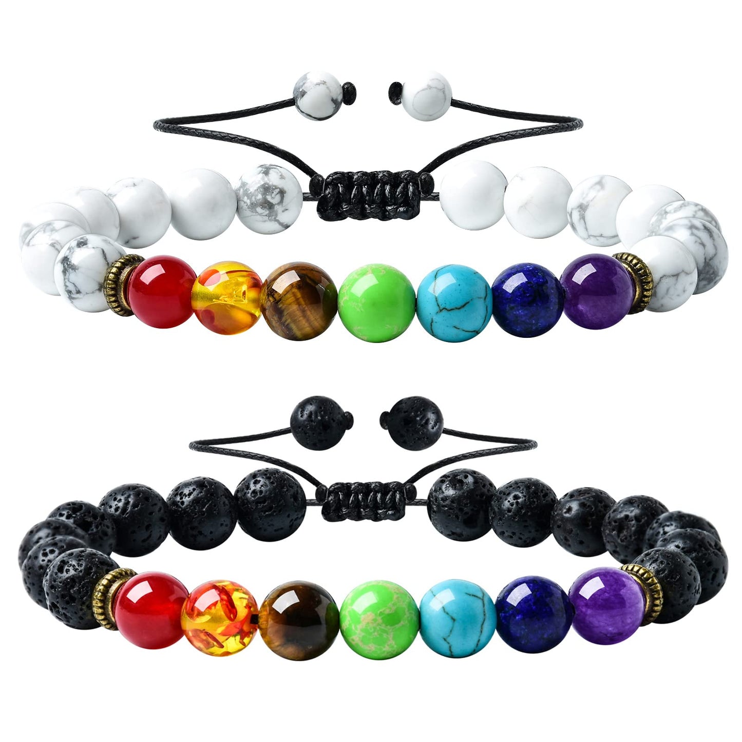 HEDQFM 2 PCS Chakra Bracelets Lava Rock Stone Aromatherapy Essential Oil Diffuser Adjustable Woven Bracelet and Elastic Rope Bracelet for Men and Women