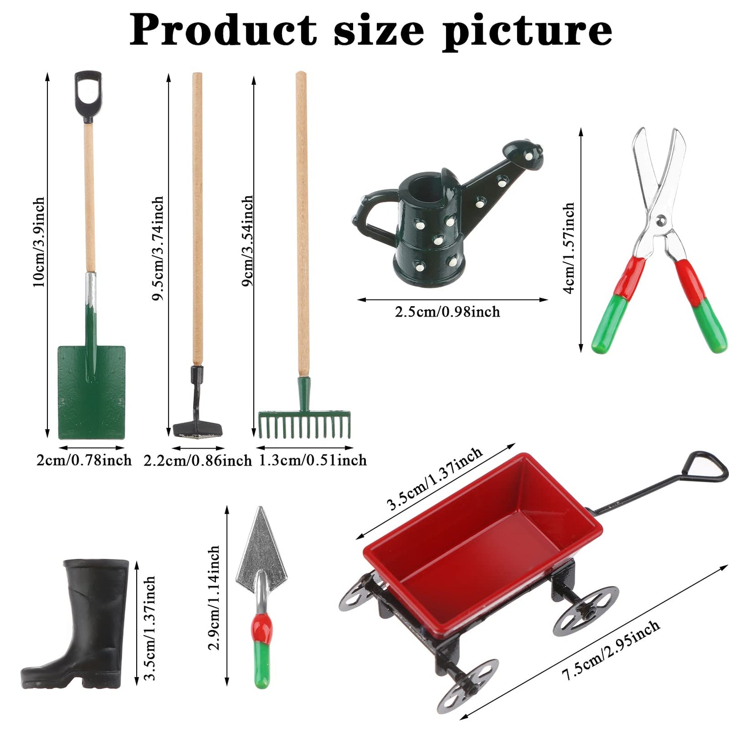 Haomian Miniature Fairy Garden Accessories Set 9 Pcs 1:12 Mini Metal Spade Pestle Kettle Wagon Rake Garden Watering Supplies Micro Landscape Ornaments Dollhouse Accessories