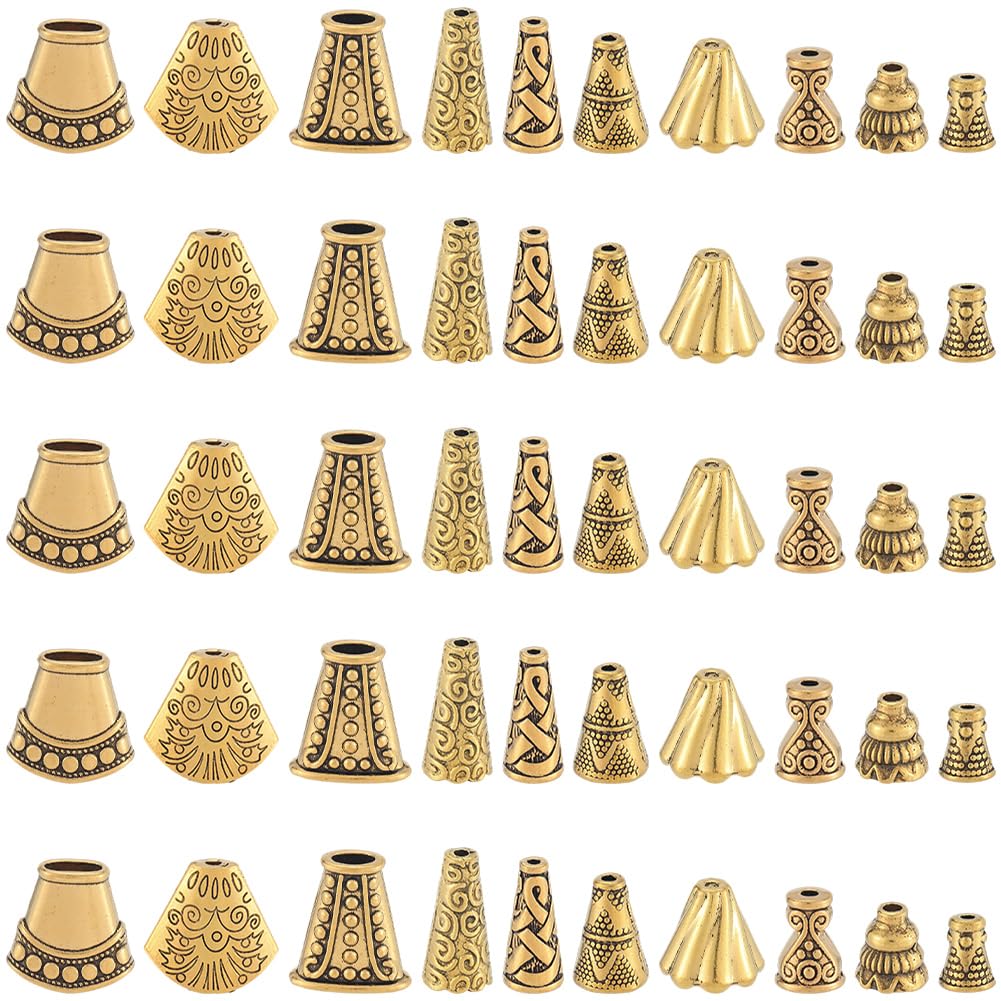 SOFPLATE 1 Box 100Pcs 10 Styles Golden Bead Caps Flower End Caps Alloy Tibetan Style Antique Gold Beading Tassel Spacer Ends for Jewelry Making Findings Necklaces Bracelets Earrings DIY Craft Supplies