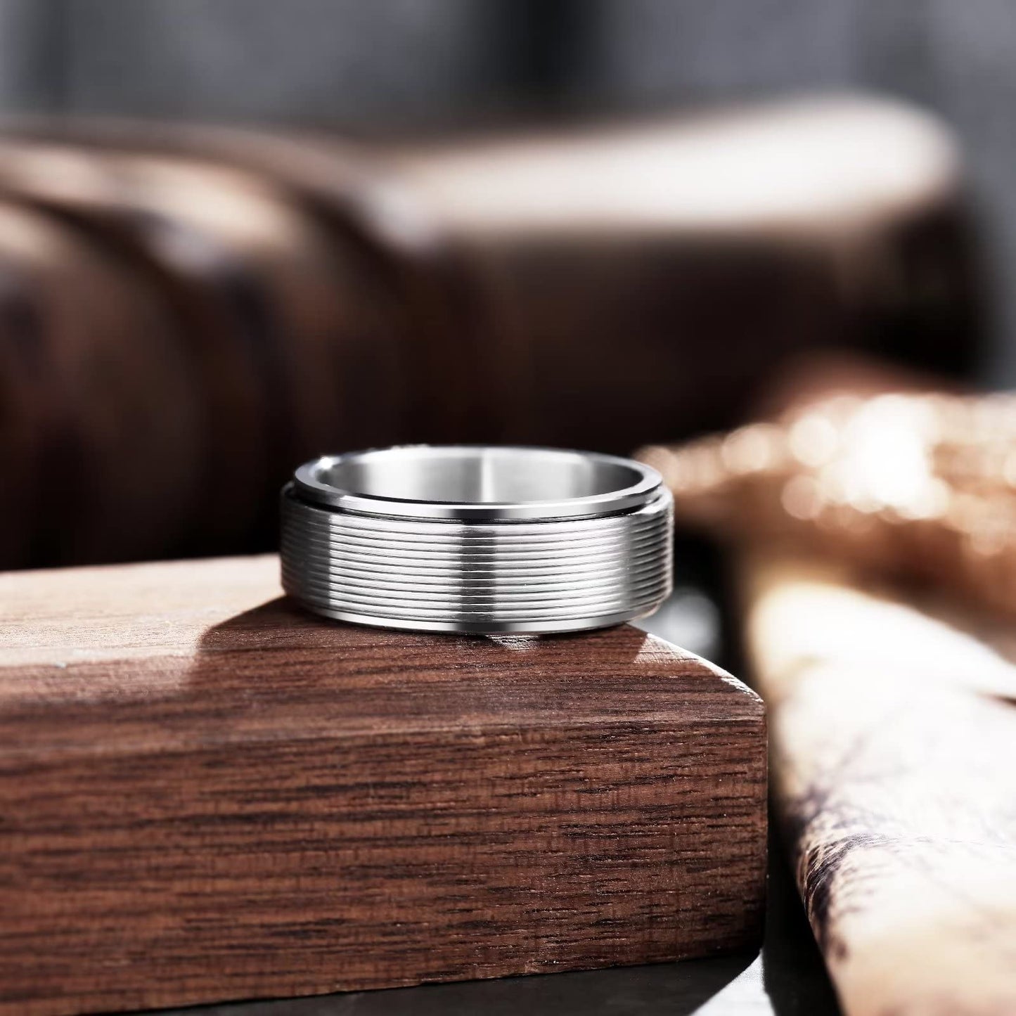 King Will Mens Silver 8mm Groove Spinner Rings Stainless Steel Anxiety Fidget Ring for Women Men Polish Thin Line Groove Wedding Band Fidget Ring Matte Brushed Comfort Fit 9