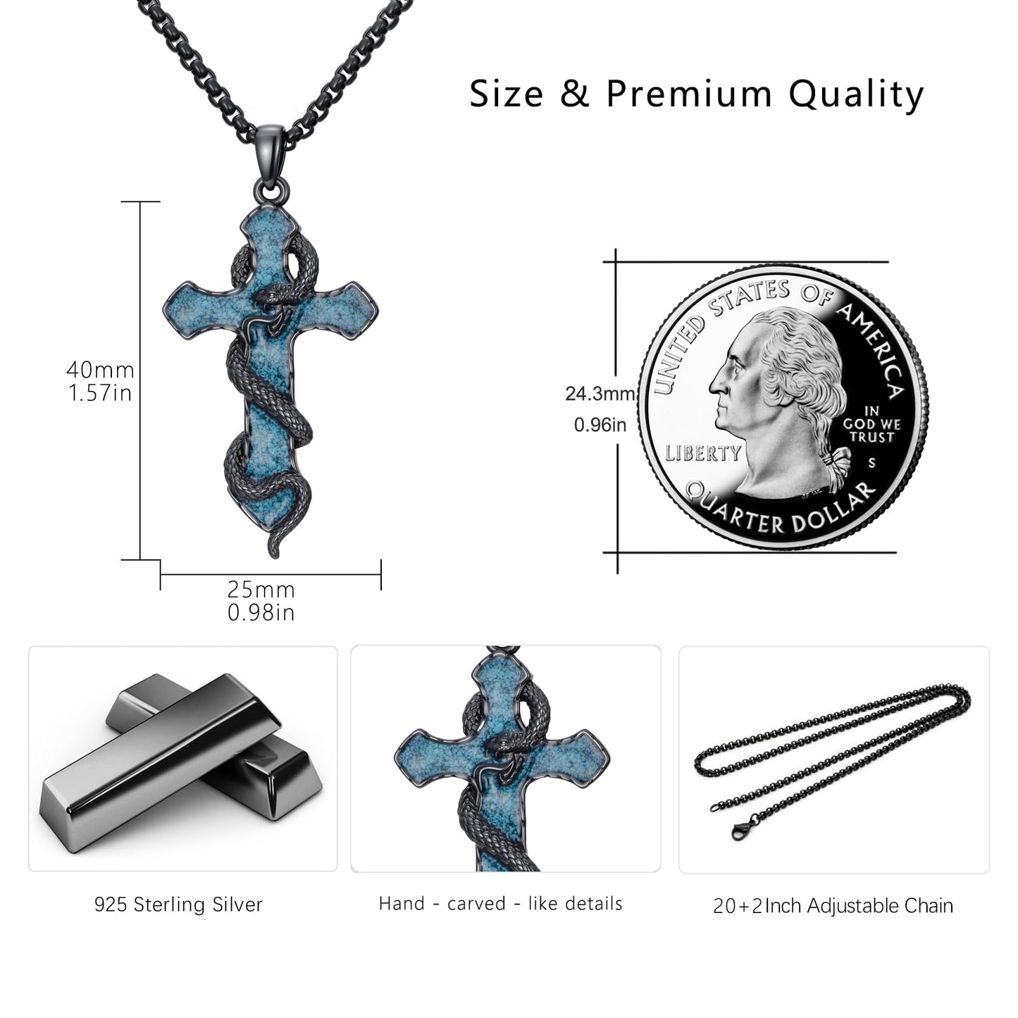 YEESIA Cross Necklace for Women Men 925 Sterling Sliver Snake Cross Necklace Pendant with Turquoise Religious Jewelry Gifts for Women Men