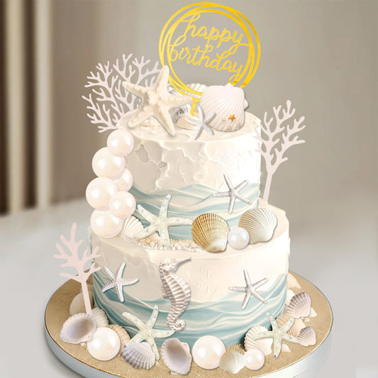 34 PCS Beach Seashell Cake Toppers, Beach Seashell Cake Decorations Birthday Party Decorations Under the Sea Ocean Cake Decoration for Summer Ocean Sea Starfish Theme Party Supplies