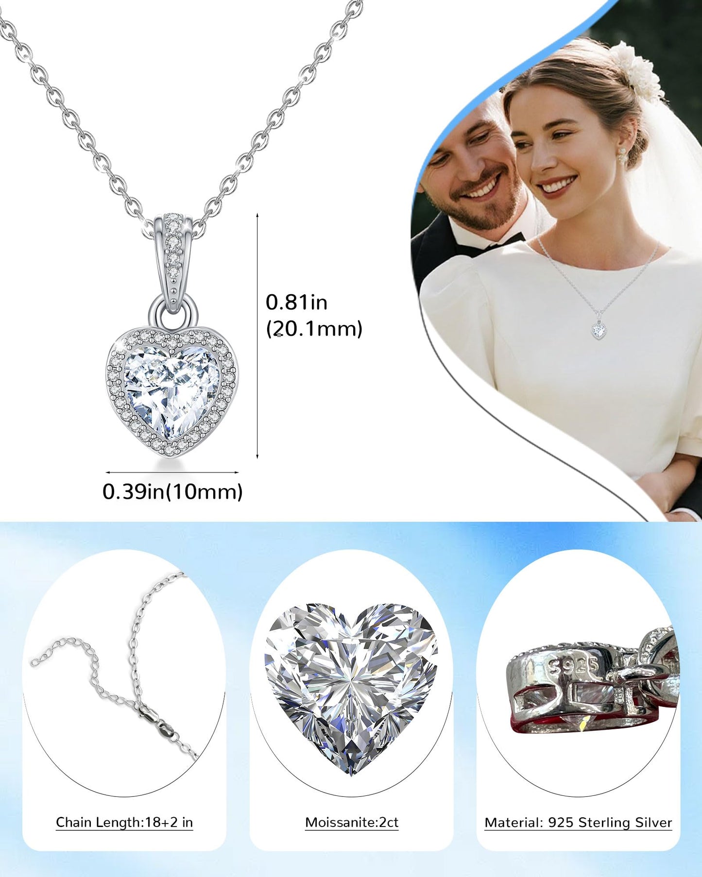 2 Carat Heart Shaped Moissanite Necklace 925 Sterling Silver Jewelry Cubic Zirconia Pendant Necklace Gifts for Mom Women Girlfriend Grandma Friend Lover Her Wedding Birthday Anniversary Engagement