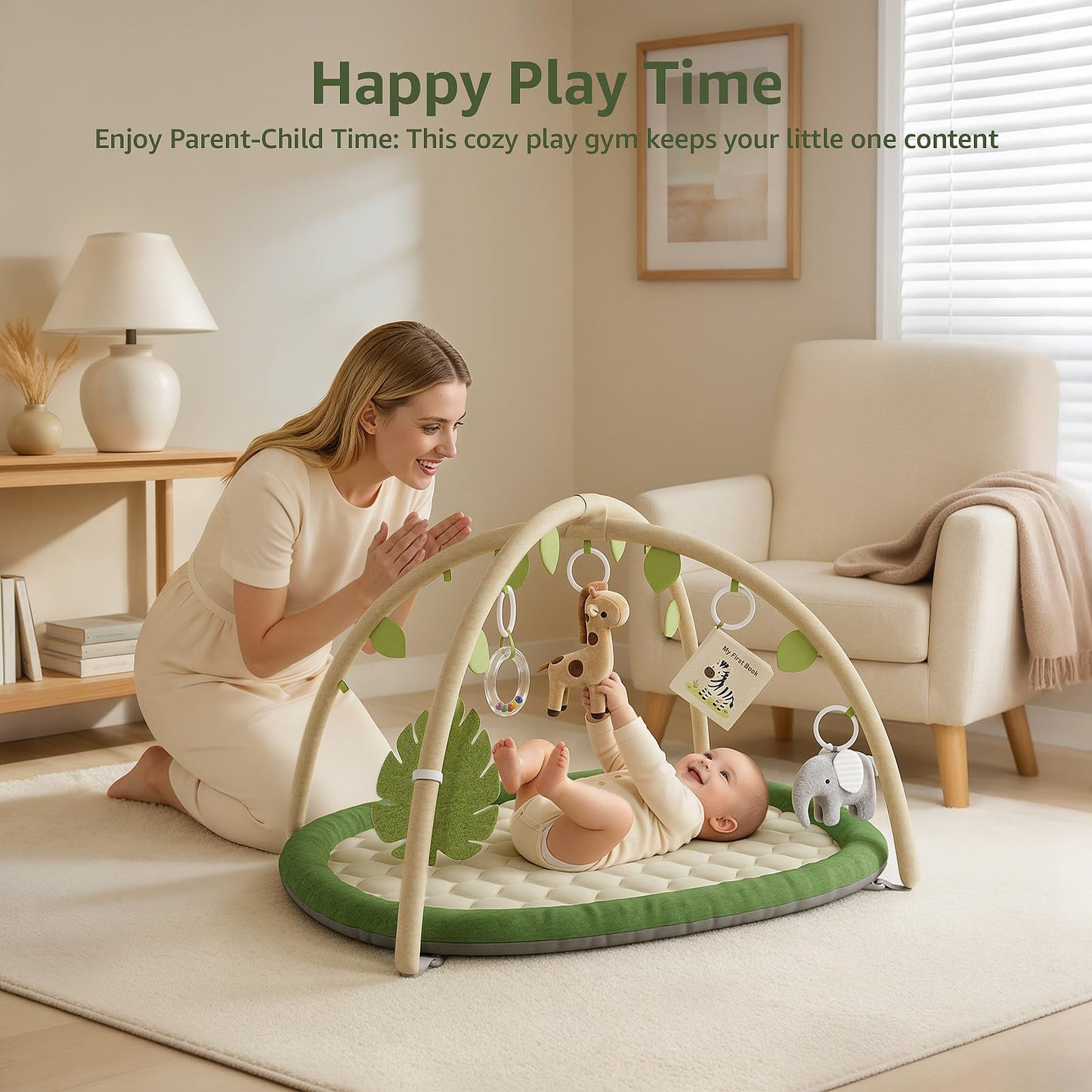 TinyThrive Baby Play Gym & Activity Mat, Baby Play Mat with 5 Detachable Toys, Promotes Motor Skills & Sensory Development, Tummy Time Mat for Baby to Toddler, Baby Essentials Shower Gift, Green