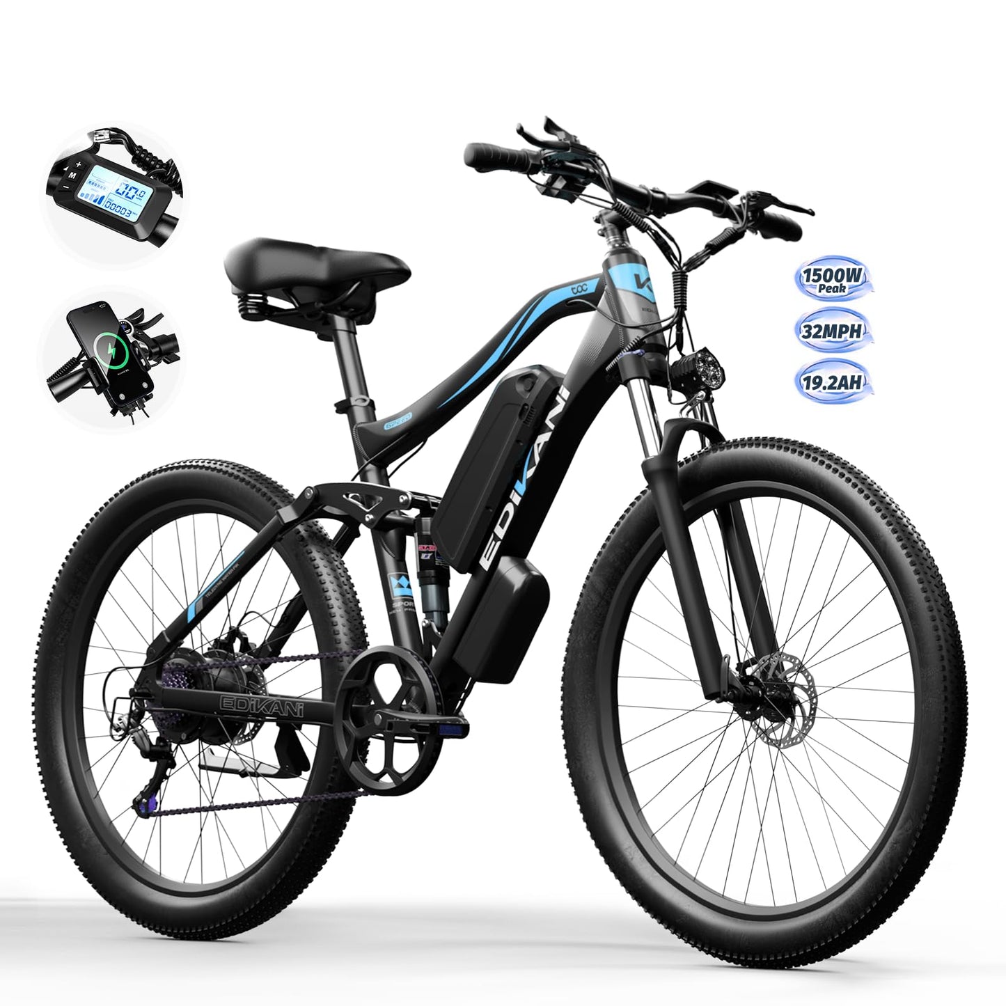 EDIKANI Electric Bike for Adults 27.5" 1500W Peak Ebike Full Suspension 19.2Ah Battery Max 32Mph Electric Mountain Bike 80 Miles E Bicycle for Commuter