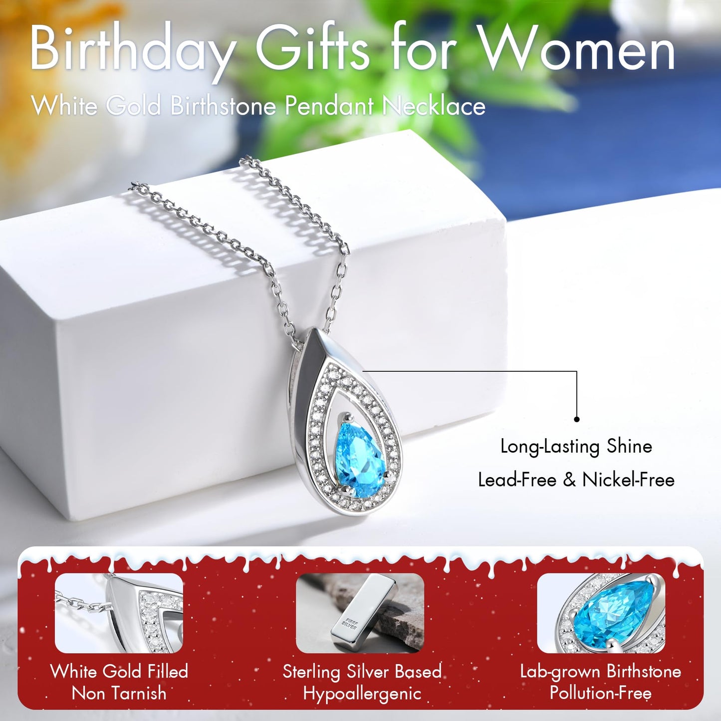 Kstyle 925 Sterling Silver Aquamarine March Birthstone Pendant Necklace Teardrop Jewelry Valentine's Day Anniversary Birthday Gift for Wife Girlfriend Mom Sister Non Tarnish