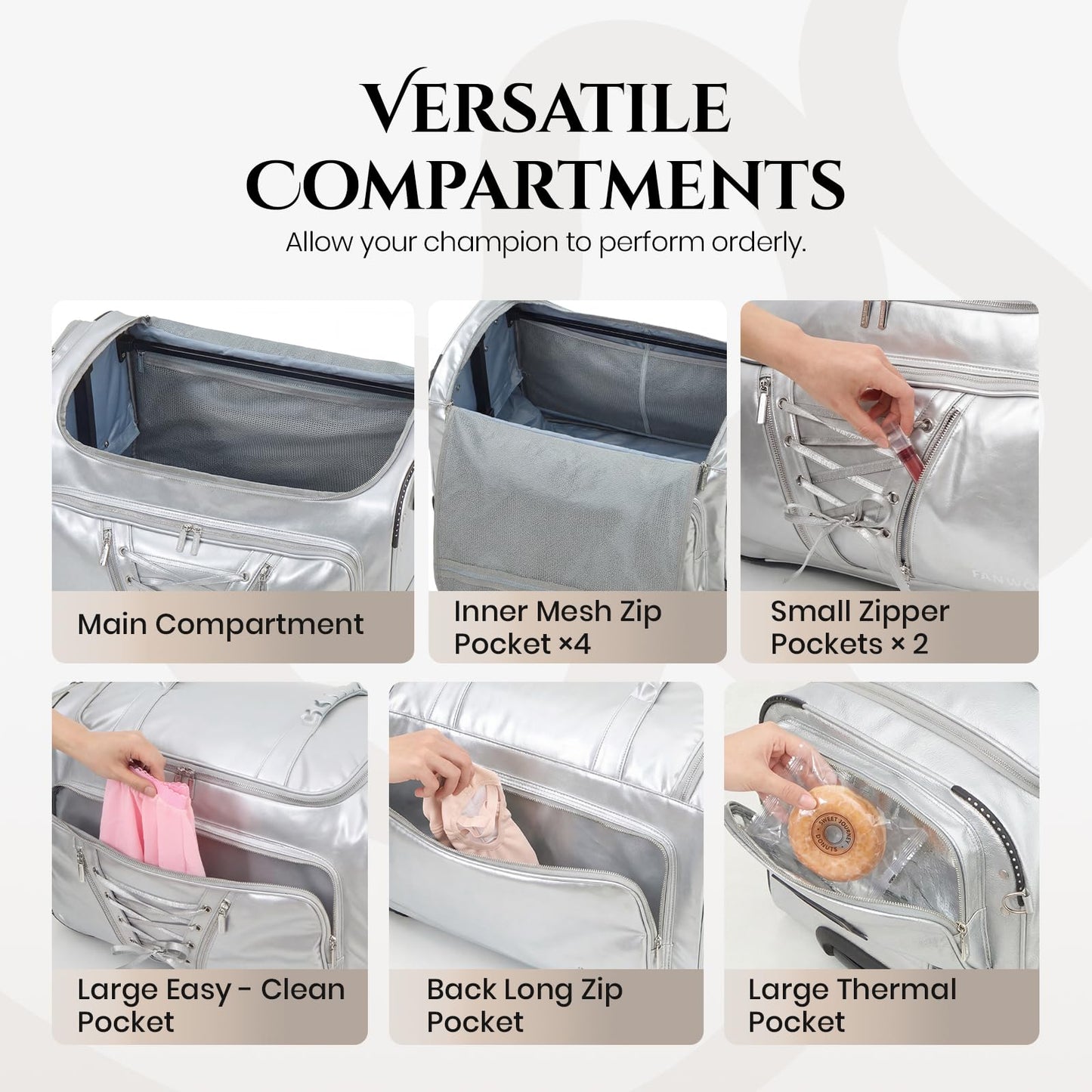 Fanwoli 23" Dance Bag with Garment Rack | Luminous Poise Collection | Waterproof Lustrous Satin Fabric | Competition Travel Duffel Luggage for Cheer, Skating, Gymnastics & Sleepover | Moonlight Silver