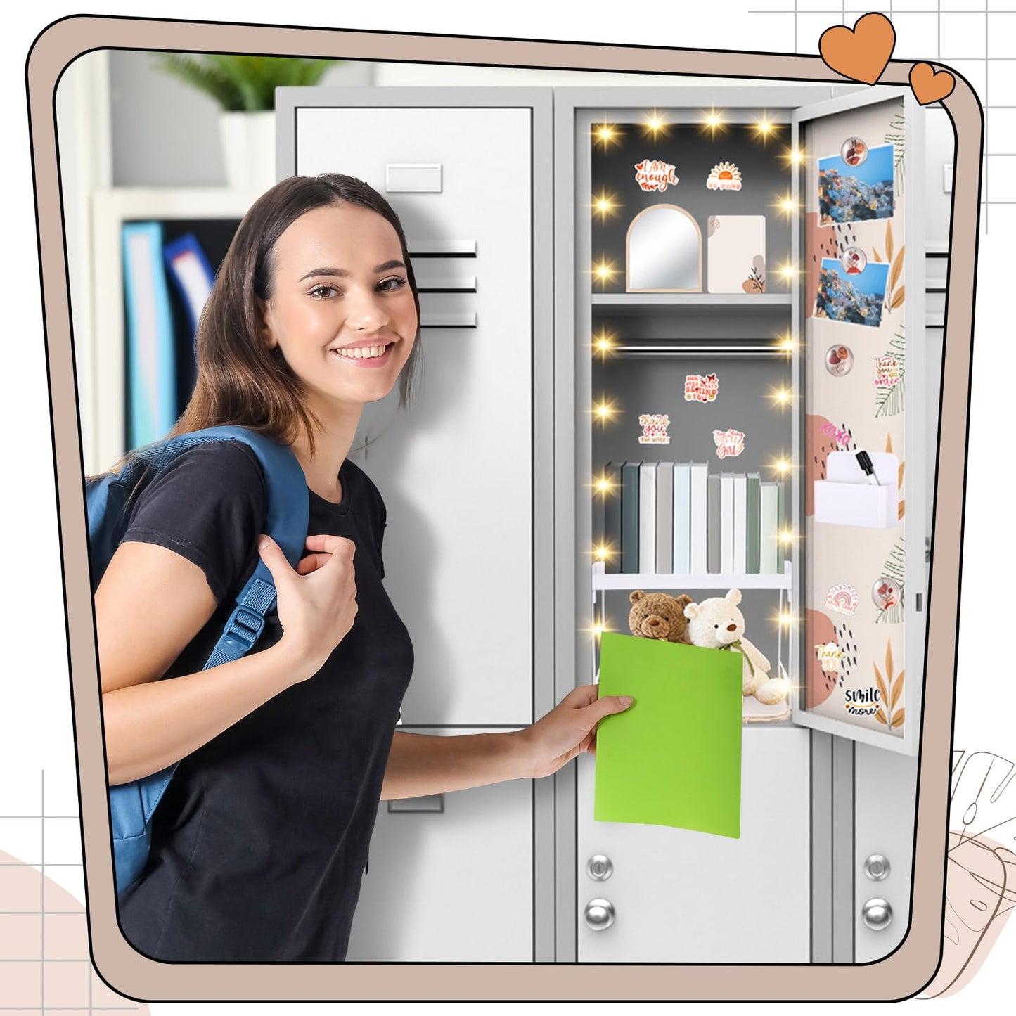CroBlissful School Locker Accessories for Girls First Day of School Essentials Locker Decoration with Magnetic Wallpaper Mirror Pen Holder Shelf Faux Fur Rug Whiteboard Marker Magnets(Boho)