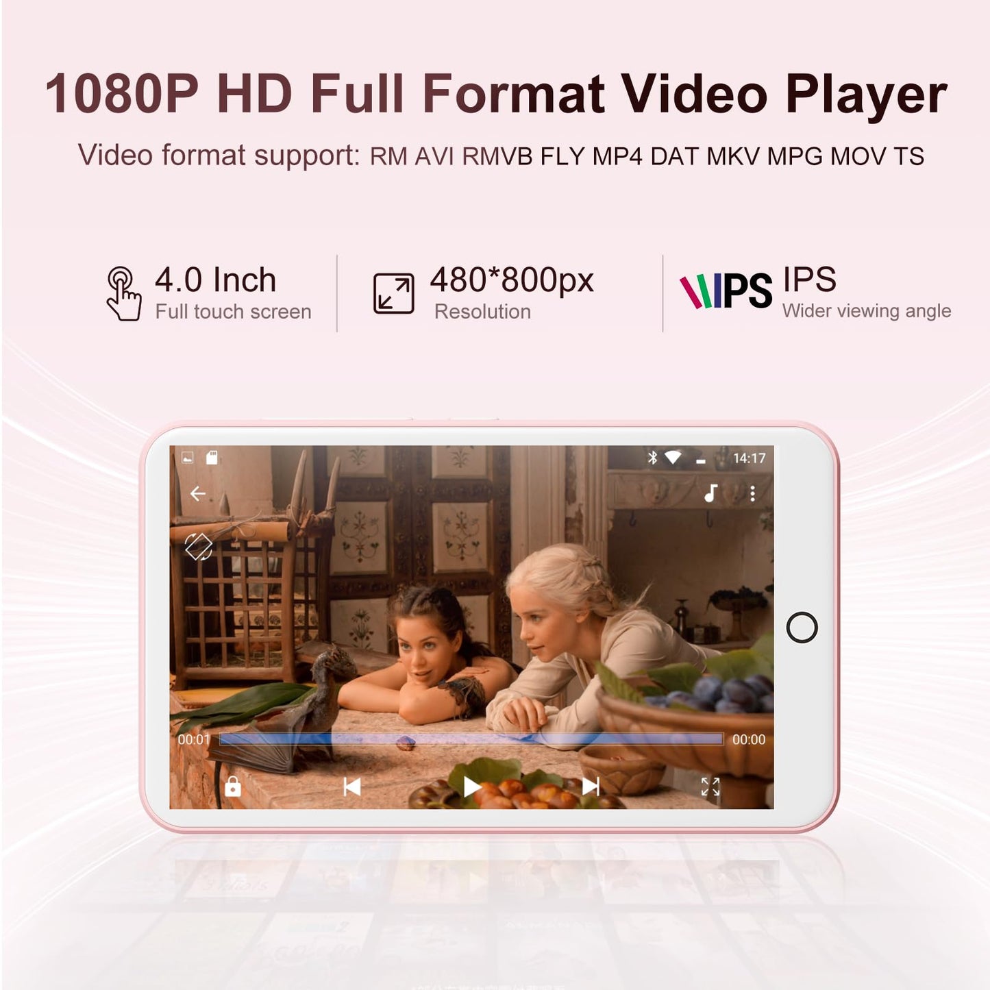 80GB MP3 Player with Bluetooth and WiFi, Mp3 & Mp4 Music Player with Spotify, Amazon Music, Deezer, Audible, Browser, 4.0" IPS Touch Screen Android Player with Speaker, FM Radio, Up to 512GB（Pink）