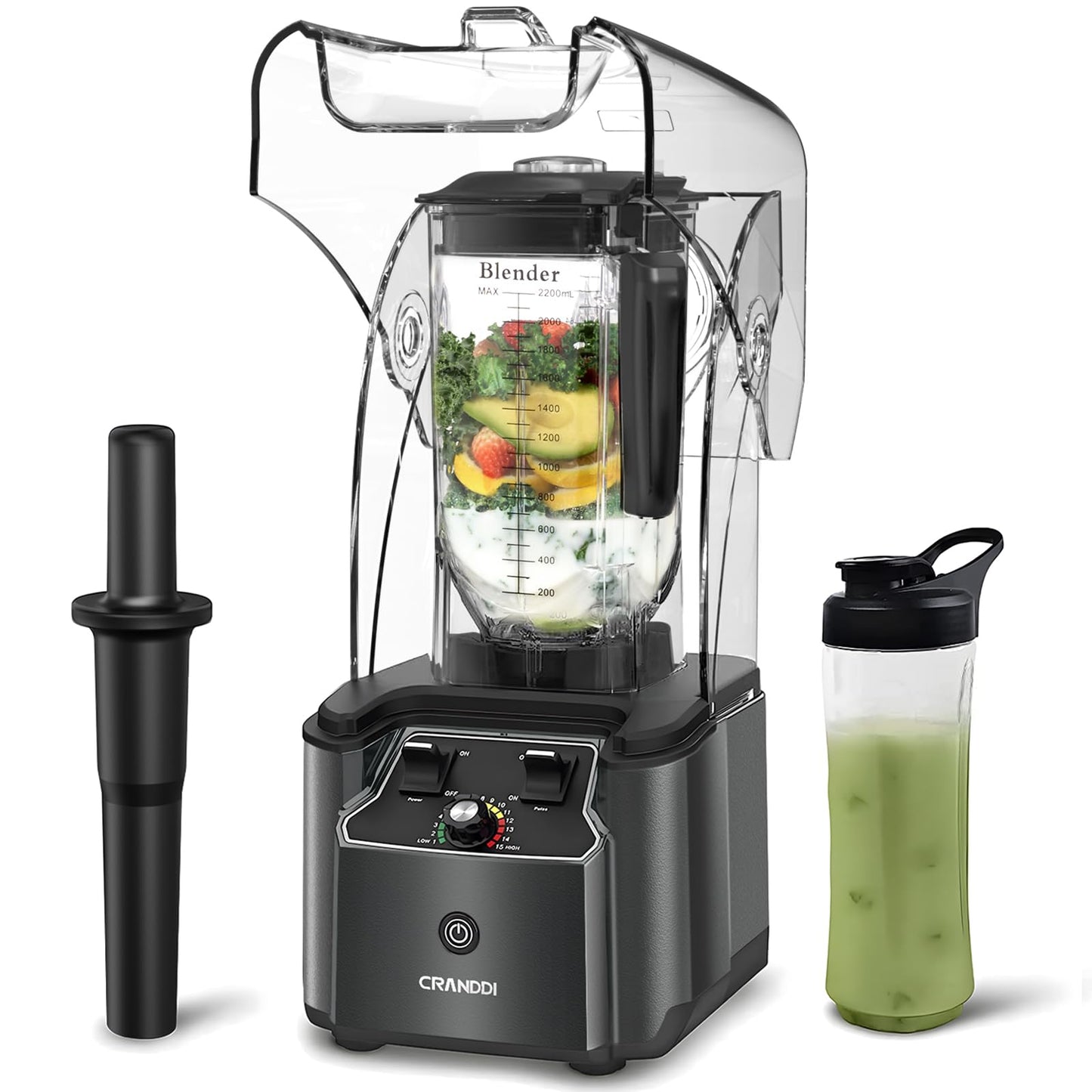 CRANDDI Commercial Quiet Blender, 2200 Watt Professional Countertop Blender with 80oz Pitcher, Built-in Pulse & 15-speeds Control, Smoothie Blender for Commercial and Home, K90 Grey